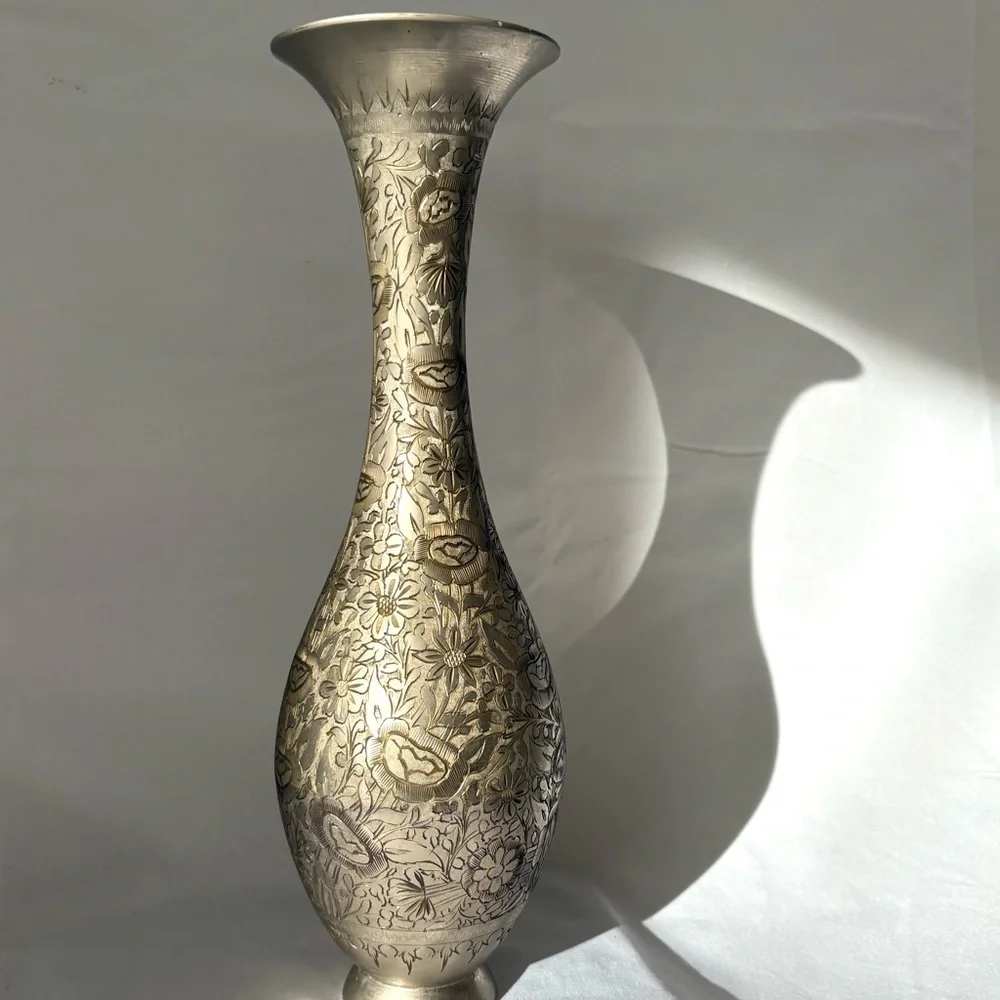 Vintage silver plated brass etched floral vase home decor accent - Picture 3 of 5